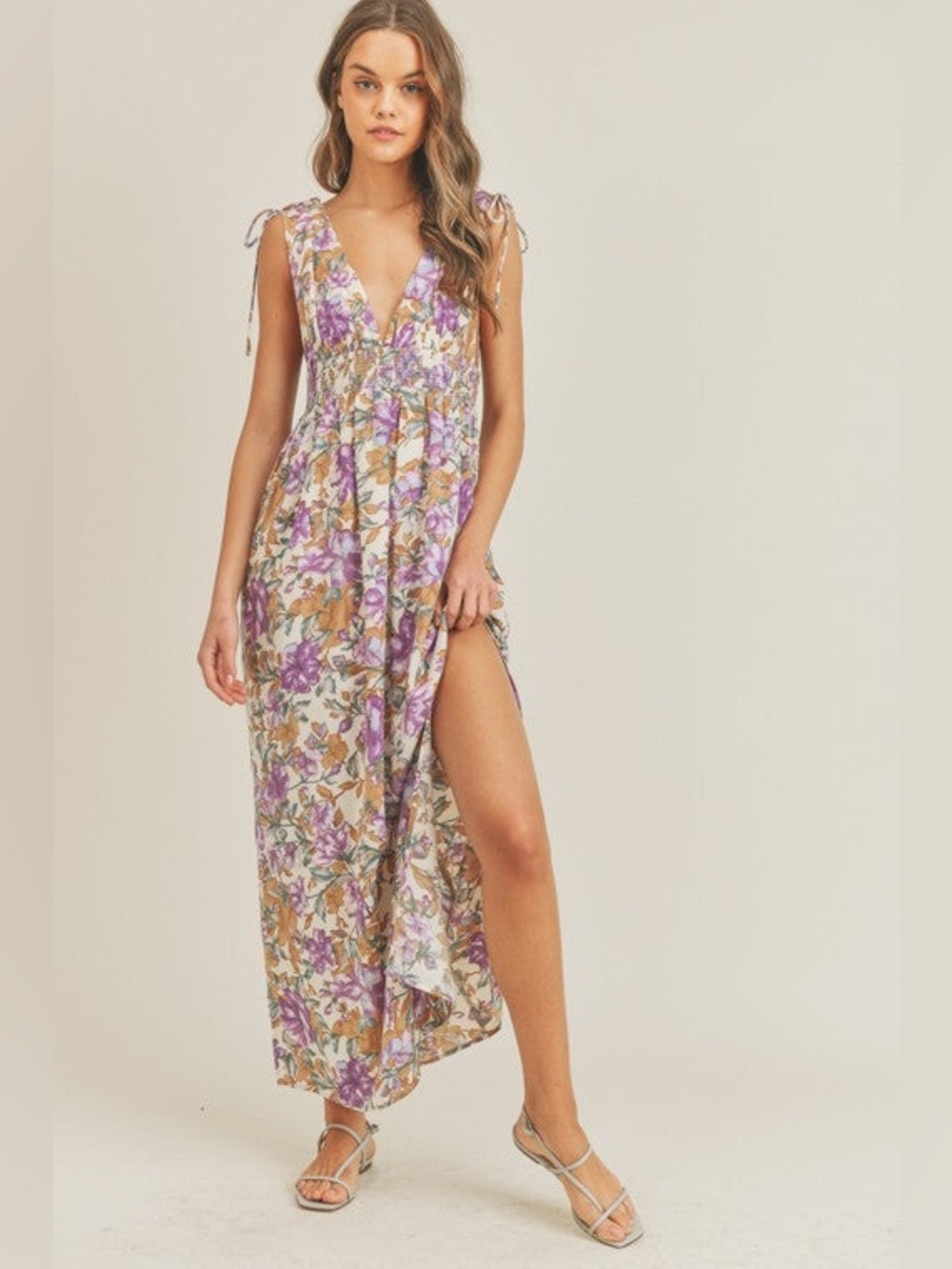 Lush Floral V-Neck Maxi Dress in Purple and Cream - Picture 5 of 7